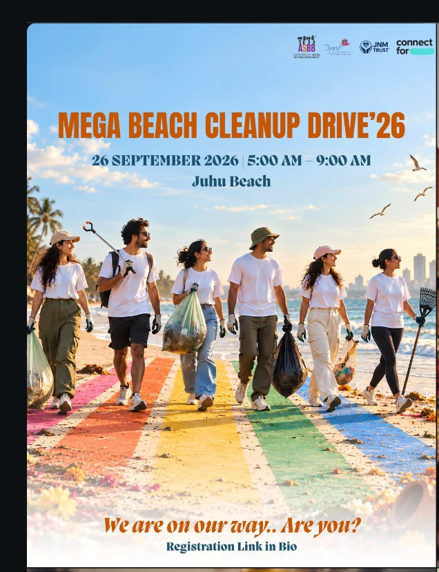 Mega Beach Cleanup Drive ’26. 26 September 2026, 5 AM to 9 AM, Juhu Beach. Registration link in bio.