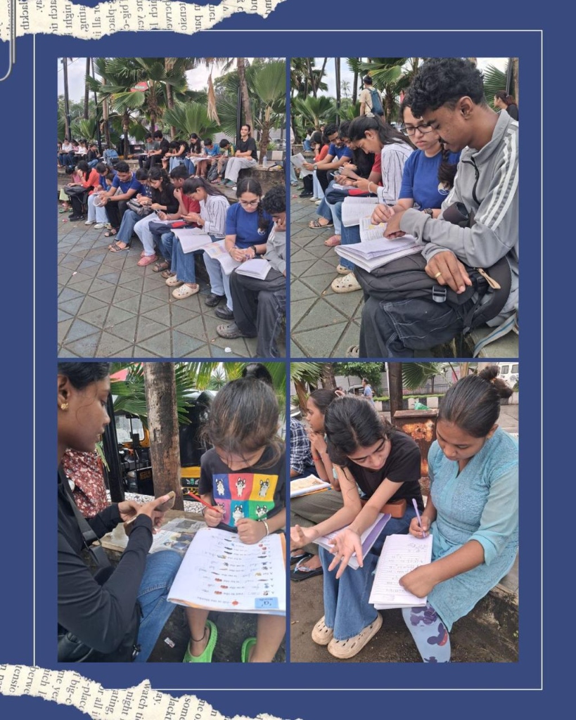 Students seated outdoors writing in notebooks during a JNM learning session